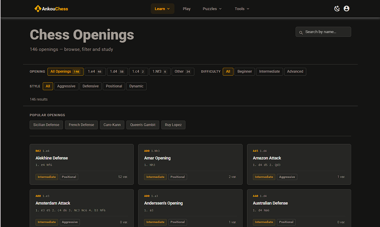 Chess openings library with 146 openings, variations and strategic plans